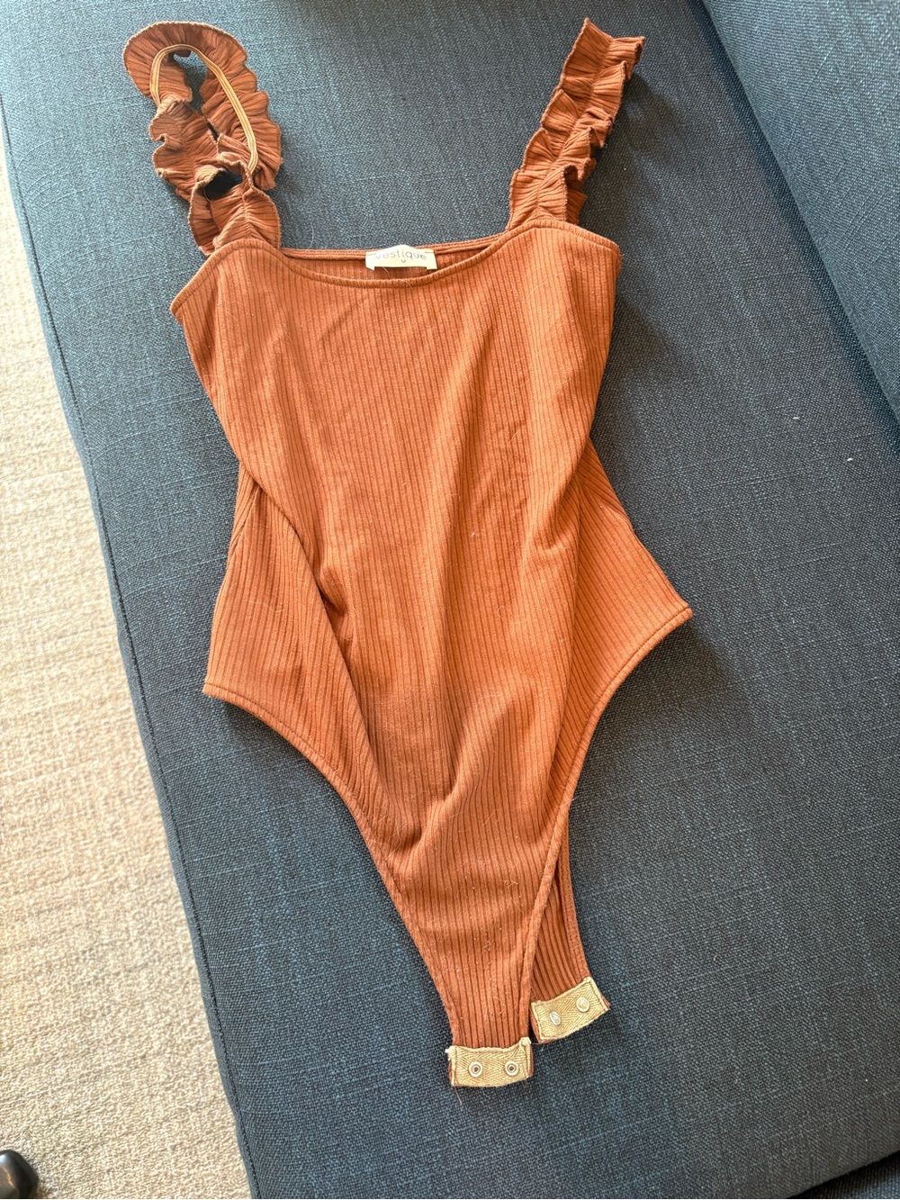 Vestique Brown Ruffled Strap Ribbed Bodysuit